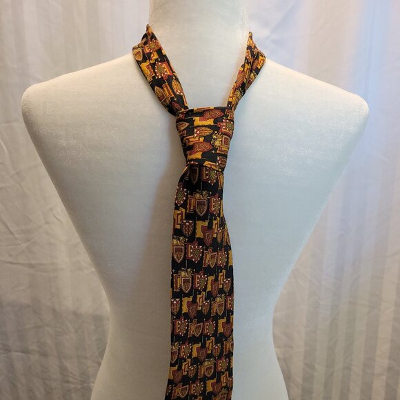 Salvatore Ferragamo Black Silk Neck Tie with Gold and Red Crests - Picture 1 of 6